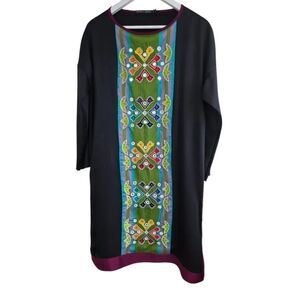 Gudrun Sjoden Dress Tunic Small Black embroidered Mirrored Lagenlook Art to Wear